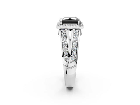 White gold Fancy Black Princess Cut Diamond Halo Ring with Split Shank Pavé Band and Four-Prong Setting_20