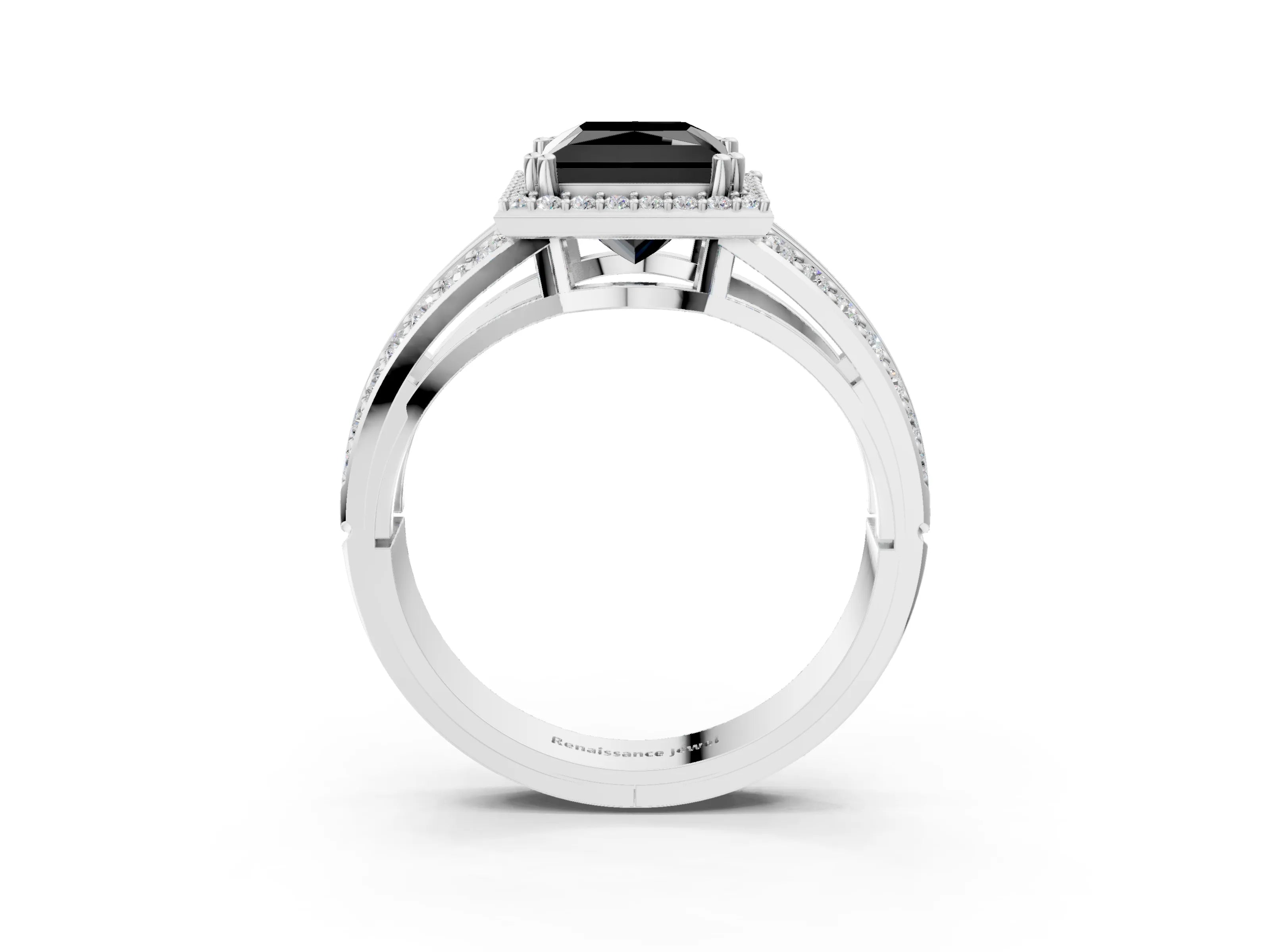 White gold Fancy Black Princess Cut Diamond Halo Ring with Split Shank Pavé Band and Four-Prong Setting_21