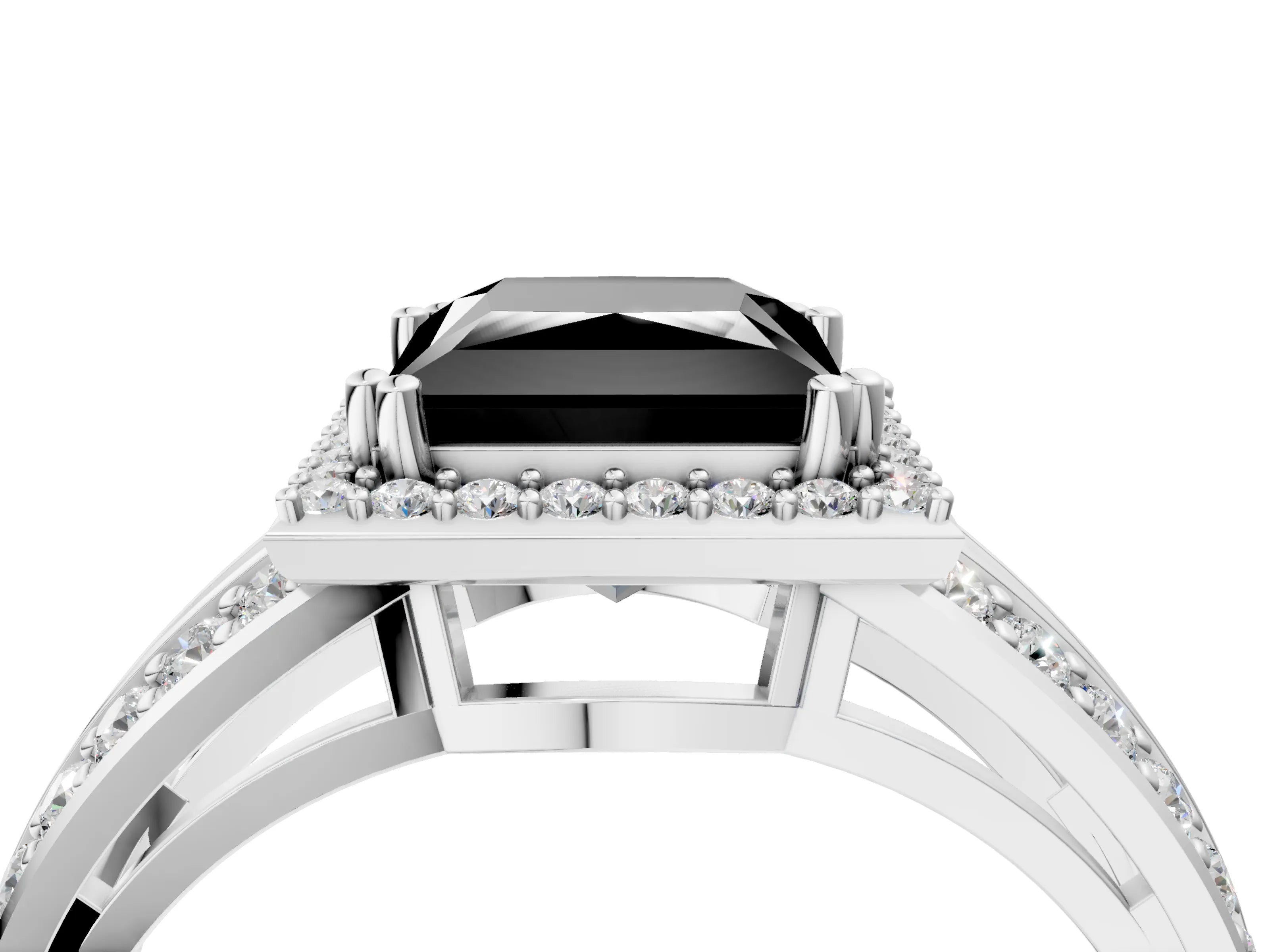 White gold Fancy Black Princess Cut Diamond Halo Ring with Split Shank Pavé Band and Four-Prong Setting_22
