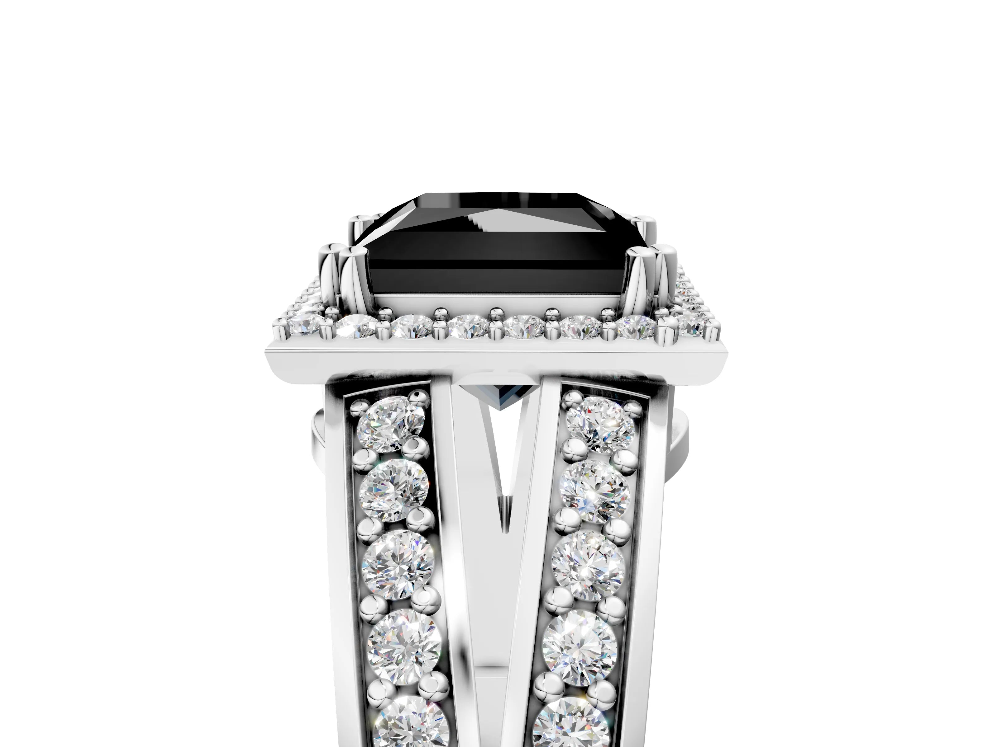 White gold Fancy Black Princess Cut Diamond Halo Ring with Split Shank Pavé Band and Four-Prong Setting_23