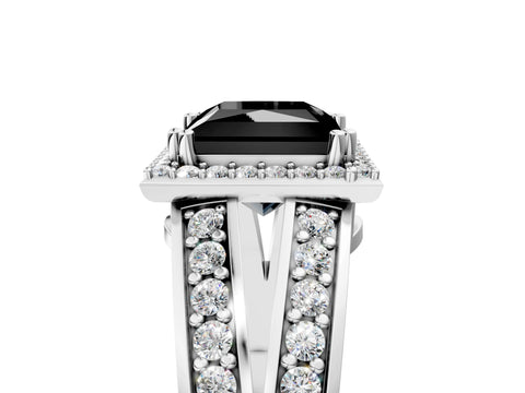 White gold Fancy Black Princess Cut Diamond Halo Ring with Split Shank Pavé Band and Four-Prong Setting_23