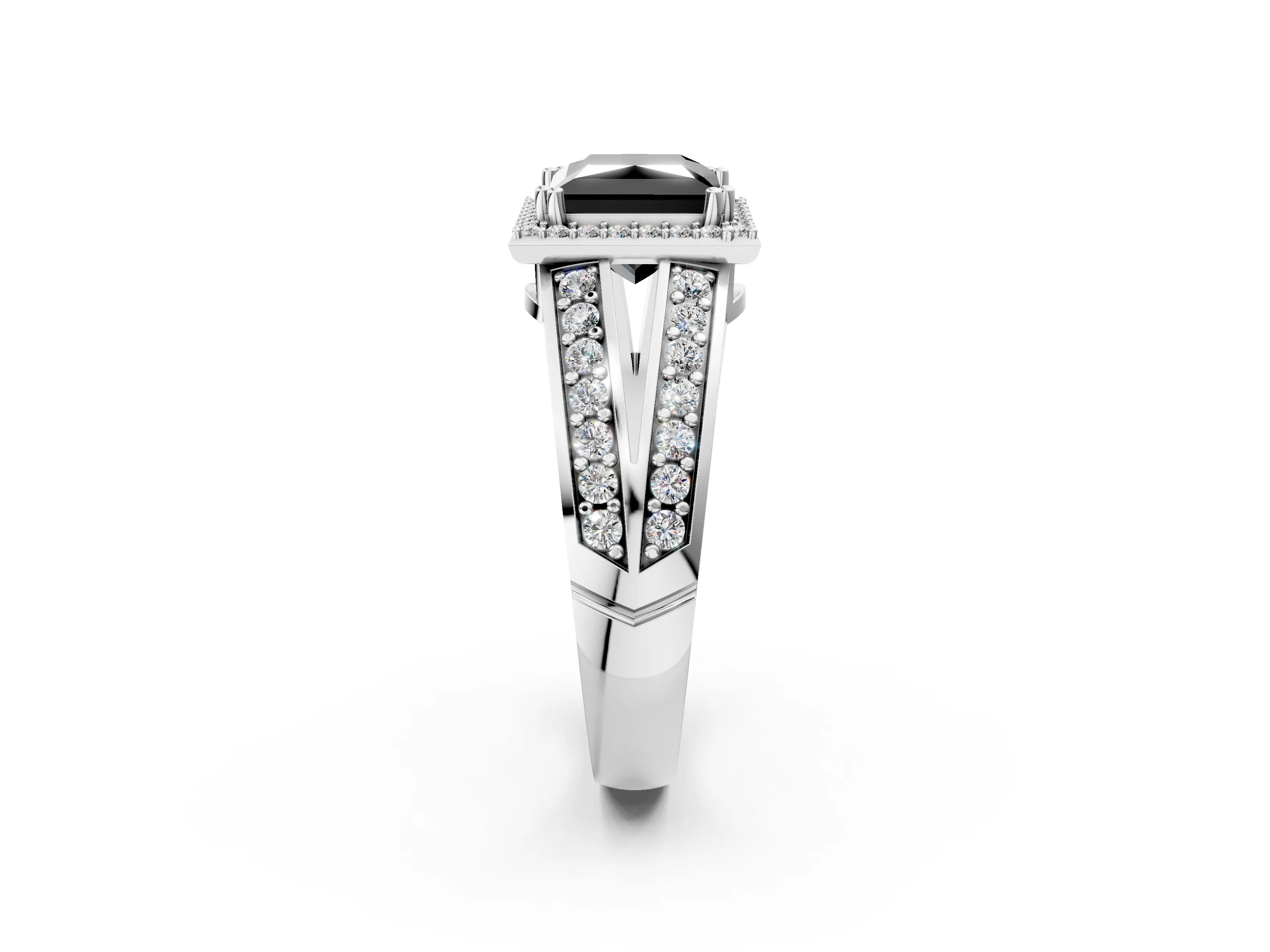 White gold Fancy Black Princess Cut Diamond Halo Ring with Split Shank Pavé Band and Four-Prong Setting_2