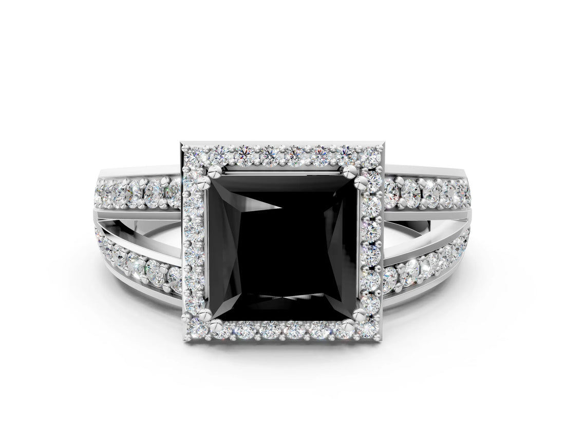 White gold Fancy Black Princess Cut Diamond Halo Ring with Split Shank Pavé Band and Four-Prong Setting_35