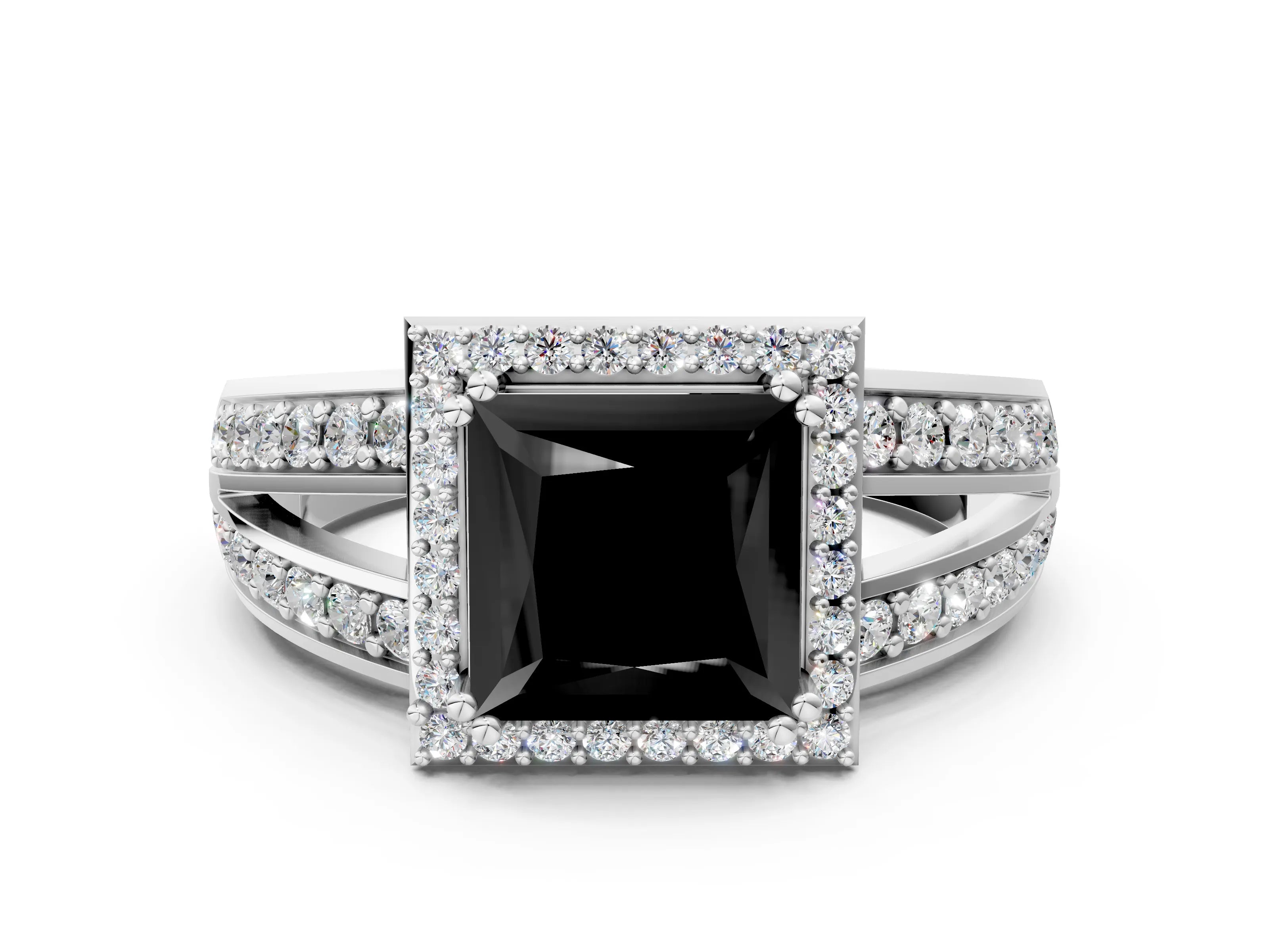 White gold Fancy Black Princess Cut Diamond Halo Ring with Split Shank Pavé Band and Four-Prong Setting_36