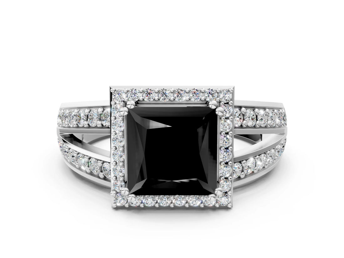 White gold Fancy Black Princess Cut Diamond Halo Ring with Split Shank Pavé Band and Four-Prong Setting_36