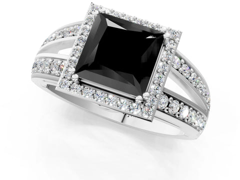 White gold Fancy Black Princess Cut Diamond Halo Ring with Split Shank Pavé Band and Four-Prong Setting_36