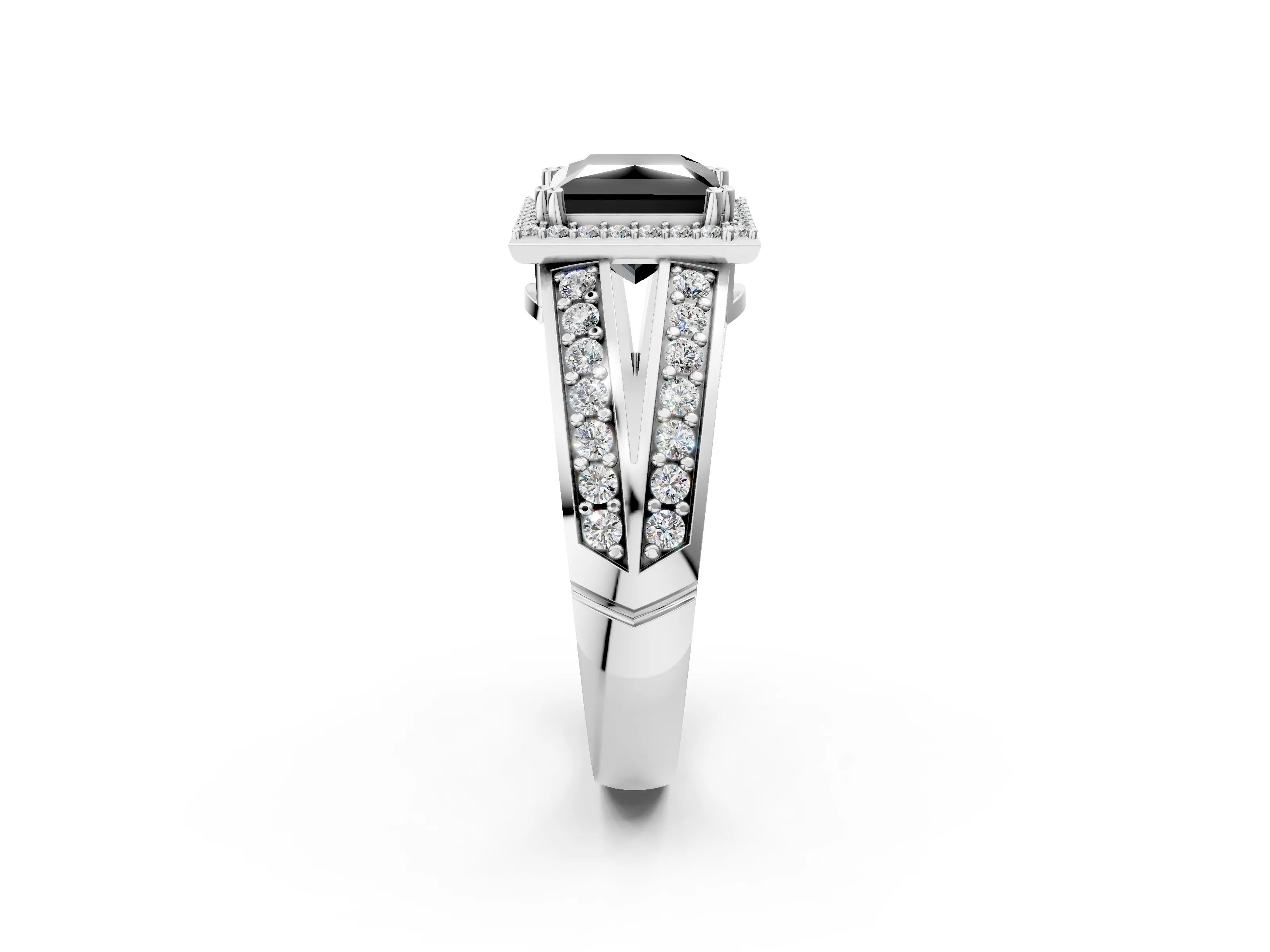 White gold Fancy Black Princess Cut Diamond Halo Ring with Split Shank Pavé Band and Four-Prong Setting_37