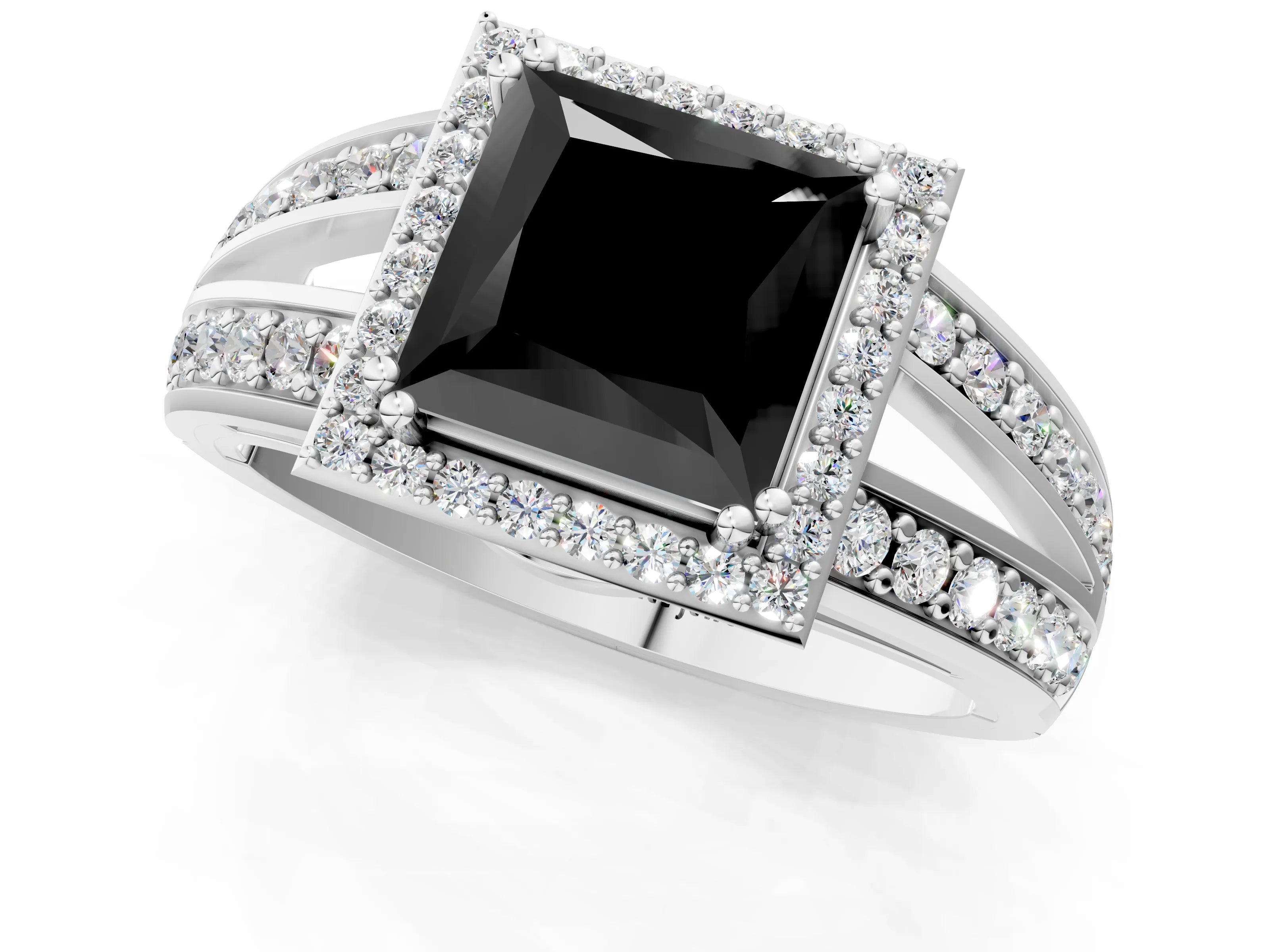 White gold Fancy Black Princess Cut Diamond Halo Ring with Split Shank Pavé Band and Four-Prong Setting_37