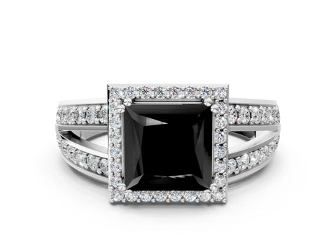 White gold Fancy Black Princess Cut Diamond Halo Ring with Split Shank Pavé Band and Four-Prong Setting_40