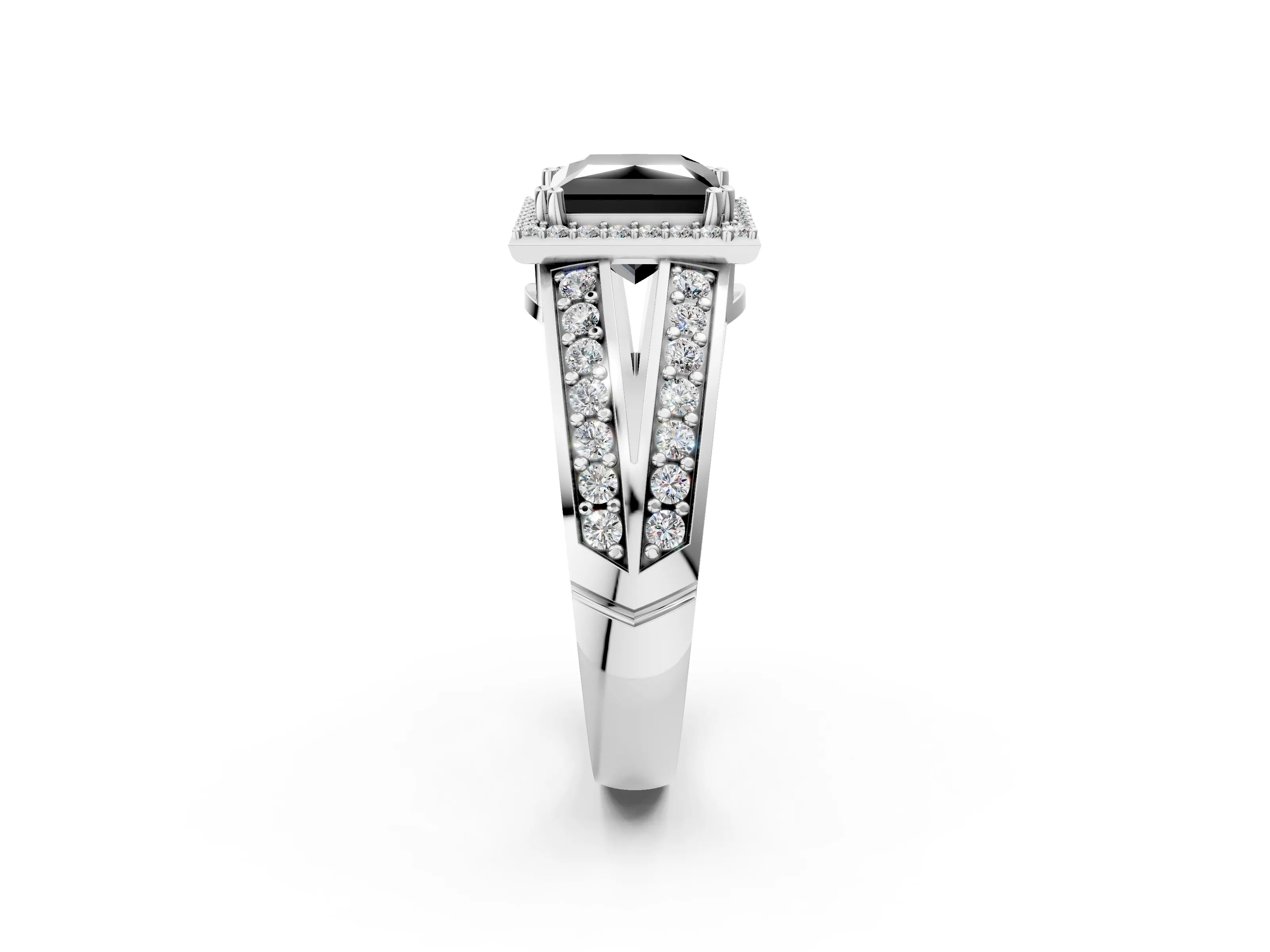 White gold Fancy Black Princess Cut Diamond Halo Ring with Split Shank Pavé Band and Four-Prong Setting_42