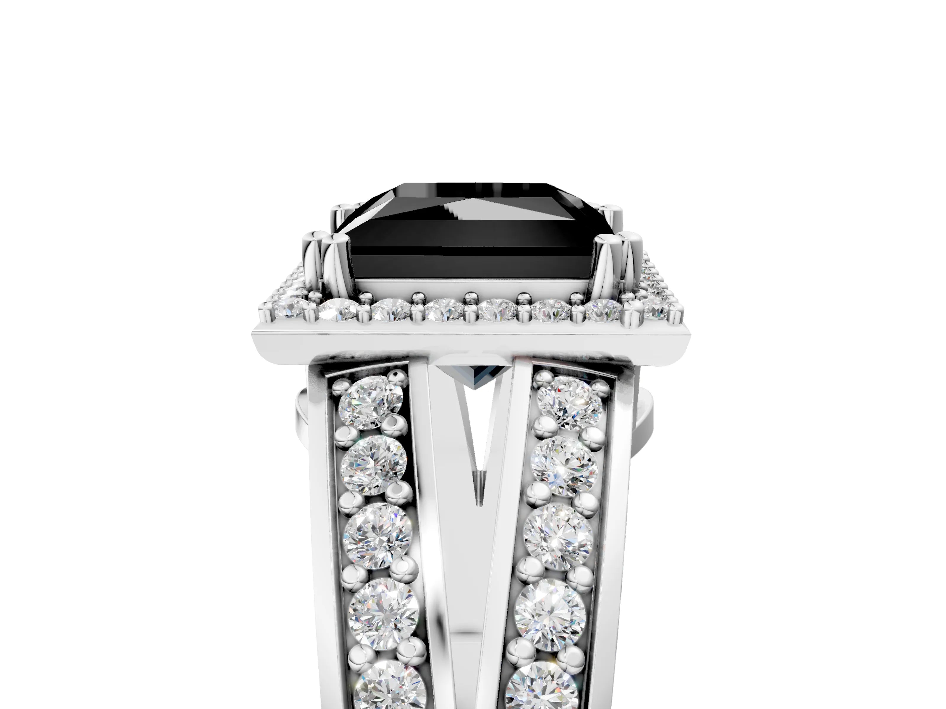 White gold Fancy Black Princess Cut Diamond Halo Ring with Split Shank Pavé Band and Four-Prong Setting_45