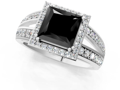 White gold Fancy Black Princess Cut Diamond Halo Ring with Split Shank Pavé Band and Four-Prong Setting_48