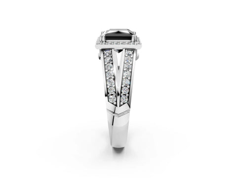 White gold Fancy Black Princess Cut Diamond Halo Ring with Split Shank Pavé Band and Four-Prong Setting_49