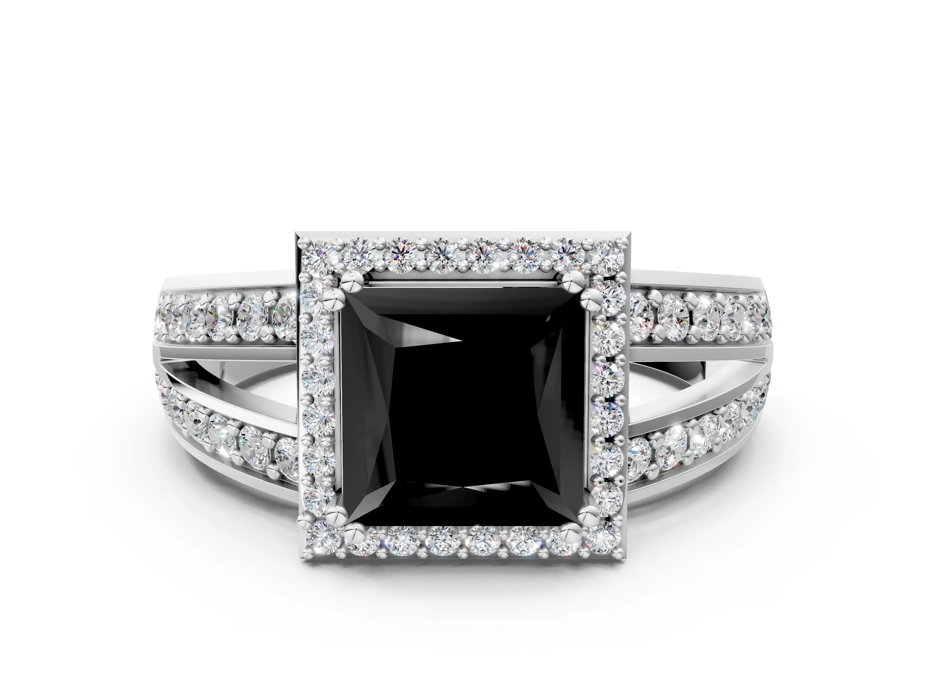 White gold Fancy Black Princess Cut Diamond Halo Ring with Split Shank Pavé Band and Four-Prong Setting_52
