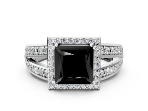 White gold Fancy Black Princess Cut Diamond Halo Ring with Split Shank Pavé Band and Four-Prong Setting_52