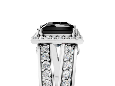 White gold Fancy Black Princess Cut Diamond Halo Ring with Split Shank Pavé Band and Four-Prong Setting_52