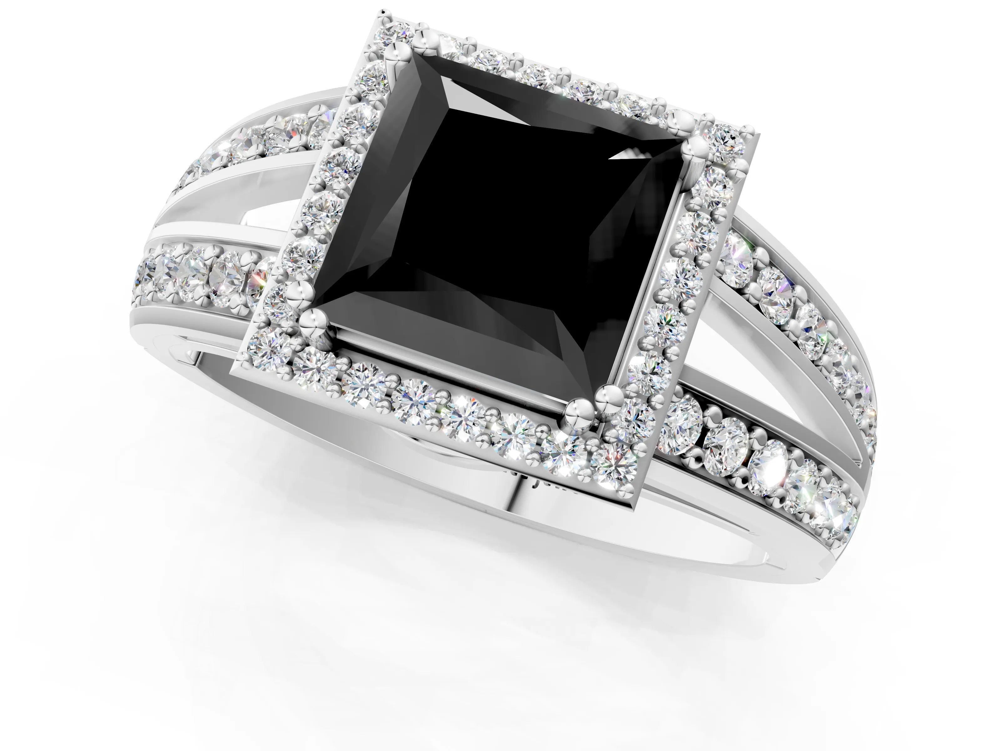 White gold Fancy Black Princess Cut Diamond Halo Ring with Split Shank Pavé Band and Four-Prong Setting_53