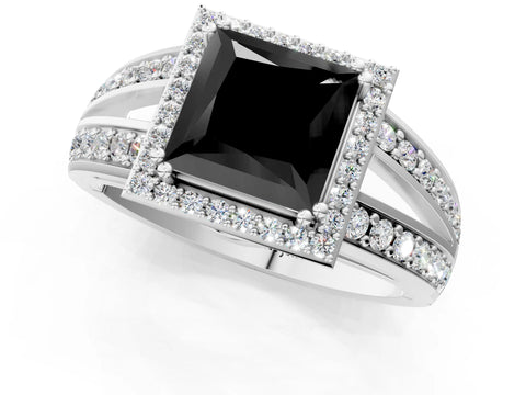 White gold Fancy Black Princess Cut Diamond Halo Ring with Split Shank Pavé Band and Four-Prong Setting_53