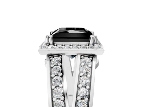 White gold Fancy Black Princess Cut Diamond Halo Ring with Split Shank Pavé Band and Four-Prong Setting_5