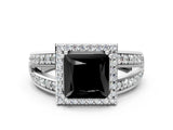 White gold Fancy Black Princess Cut Diamond Halo Ring with Split Shank Pavé Band and Four-Prong Setting