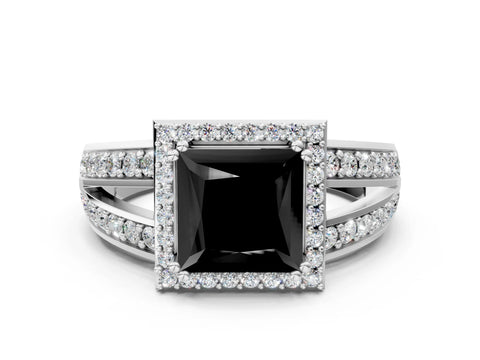 White gold Fancy Black Princess Cut Diamond Halo Ring with Split Shank Pavé Band and Four-Prong Setting
