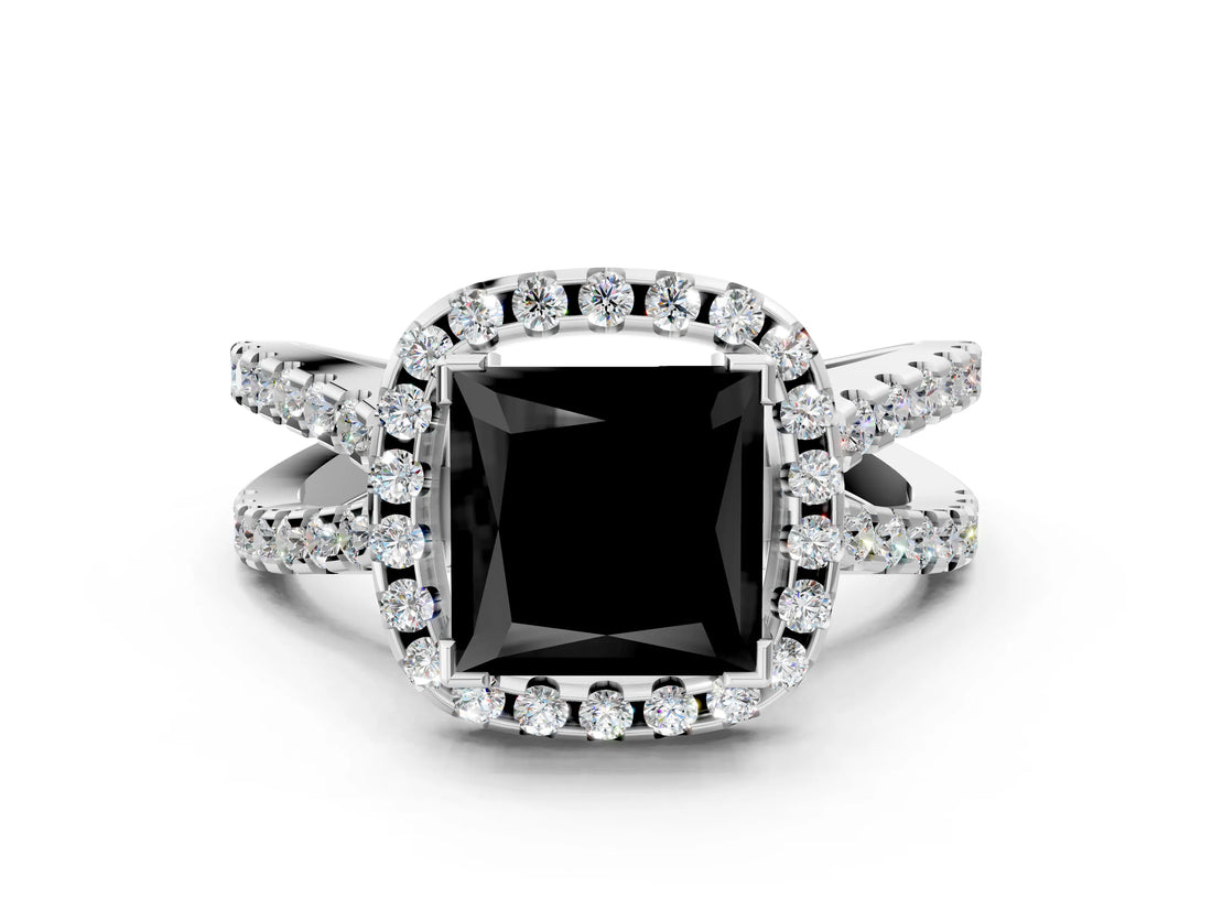 White gold Fancy Black Princess Cut Diamond Halo Ring with Split Shank Pavé Band and Prong Setting_12