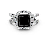 White gold Fancy Black Princess Cut Diamond Halo Ring with Split Shank Pavé Band and Prong Setting_12