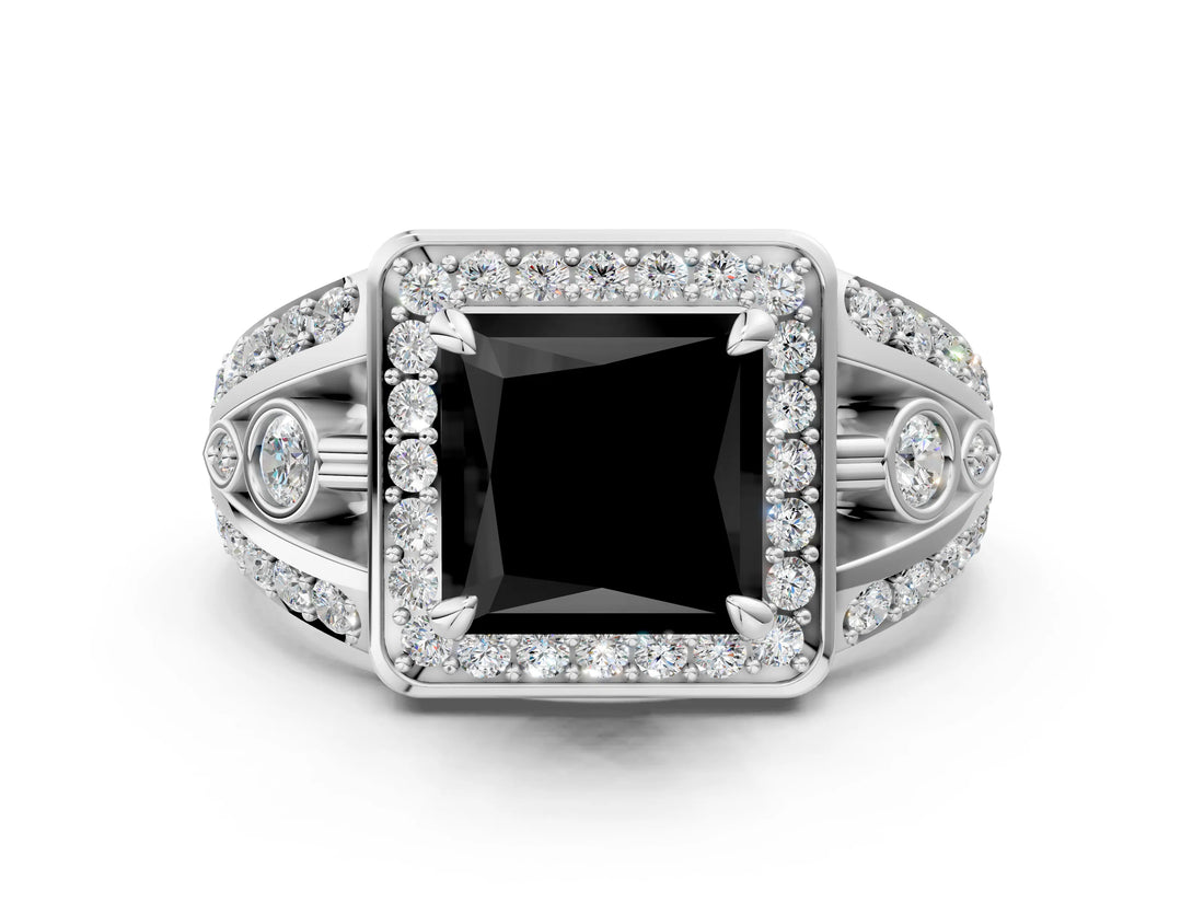 White gold Fancy Black Princess Cut Diamond Halo Ring with Split Shank and Bezel Accents and Four-Prong Setting