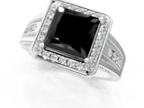 White gold Fancy Black Princess Cut Diamond Halo Ring with Split Shank and Bezel Accents and Prong Setting_1