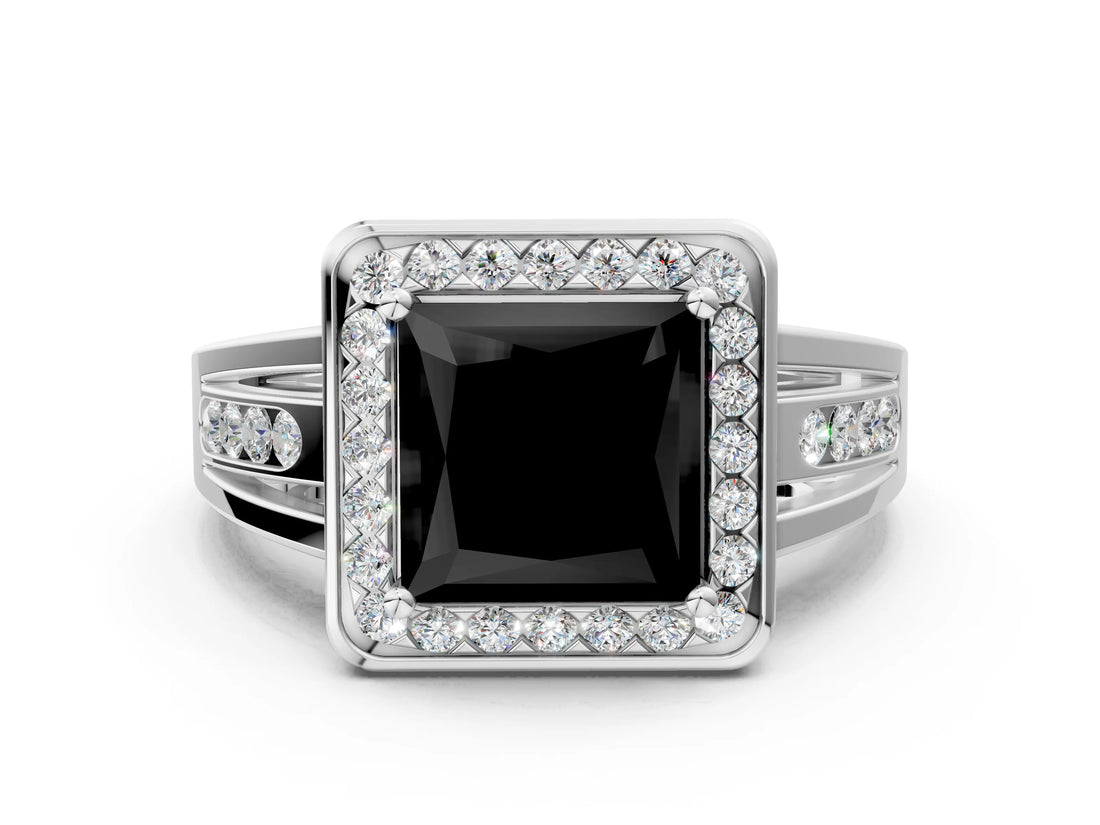 White gold Fancy Black Princess Cut Diamond Halo Ring with Split Shank and Bezel Accents and Prong Setting