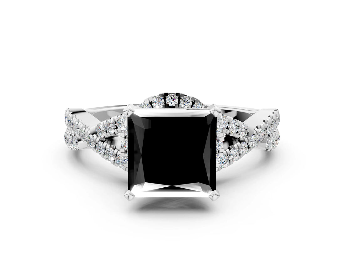White gold Fancy Black Princess Cut Diamond  Halo Twist Band Solitaire Prong Setting Ring_12