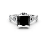 White gold Fancy Black Princess Cut Diamond  Halo Twist Band Solitaire Prong Setting Ring_12