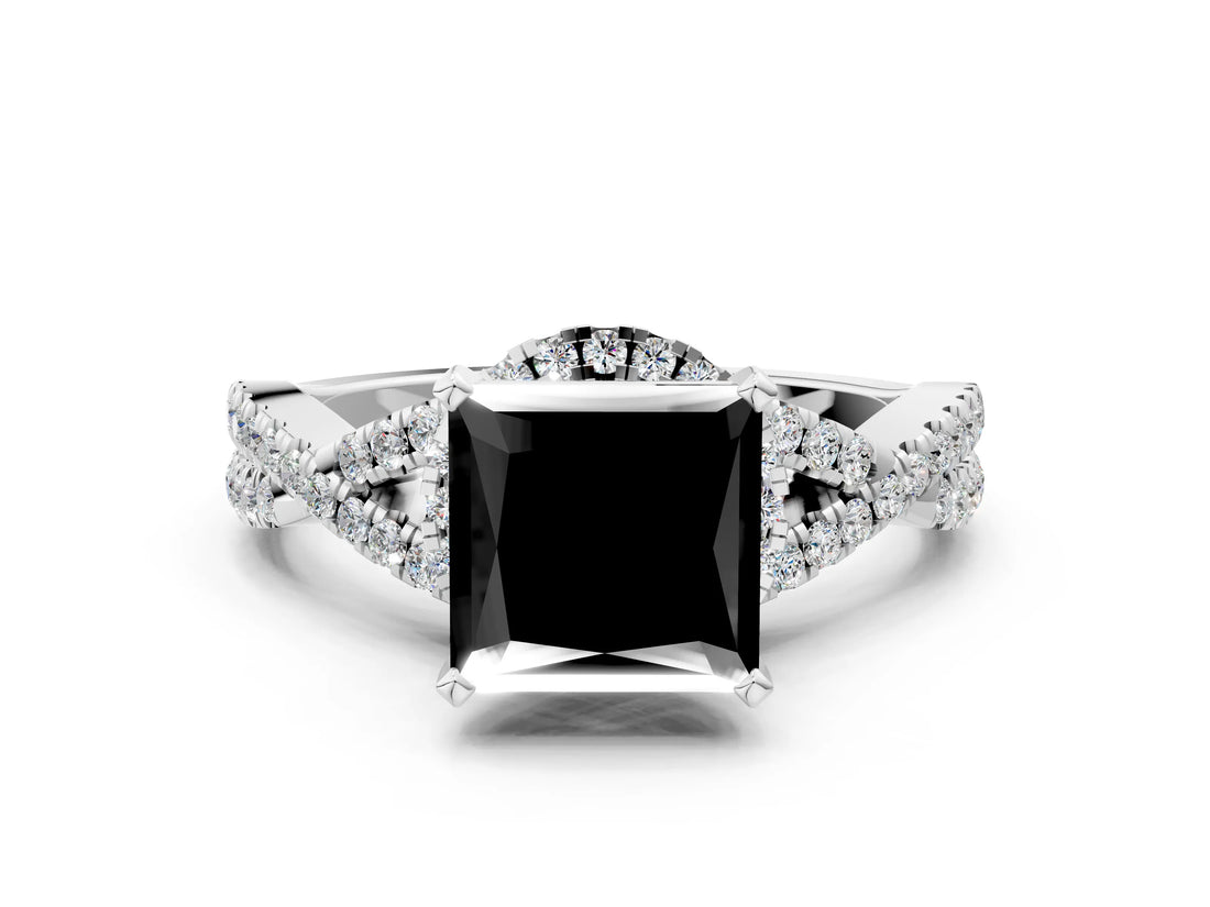 White gold Fancy Black Princess Cut Diamond Halo Twist Band Solitaire Prong Setting Ring
