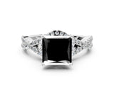 White gold Fancy Black Princess Cut Diamond Halo Twist Band Solitaire Prong Setting Ring