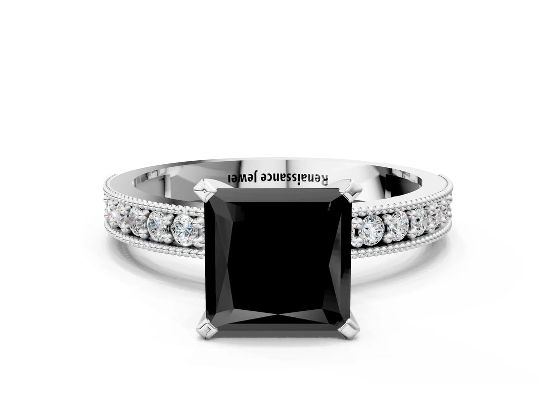 White gold Fancy Black Princess Cut Diamond Milgrain Pavé Engagement Ring with Four-Prong Setting