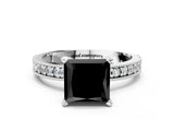 White gold Fancy Black Princess Cut Diamond Milgrain Pavé Engagement Ring with Four-Prong Setting