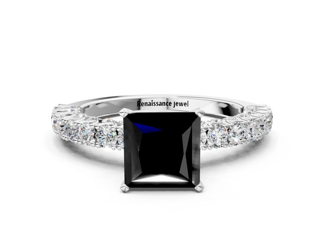 White gold Fancy Black Princess Cut Diamond Pavé Band Solitaire Ring with Prong Setting_24