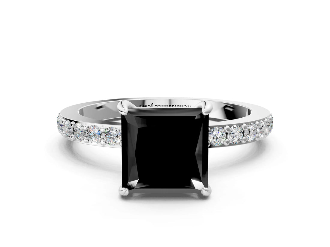White gold Fancy Black Princess Cut Diamond Pavé Engagement Ring with Round  Accents and Prong Setting_24