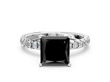 White gold Fancy Black Princess Cut Diamond Pave Band Solitaire Ring with Round  and Prong Setting_72