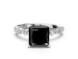 White gold Fancy Black Princess Cut Diamond Prong Set Engagement Ring with Pave Band
