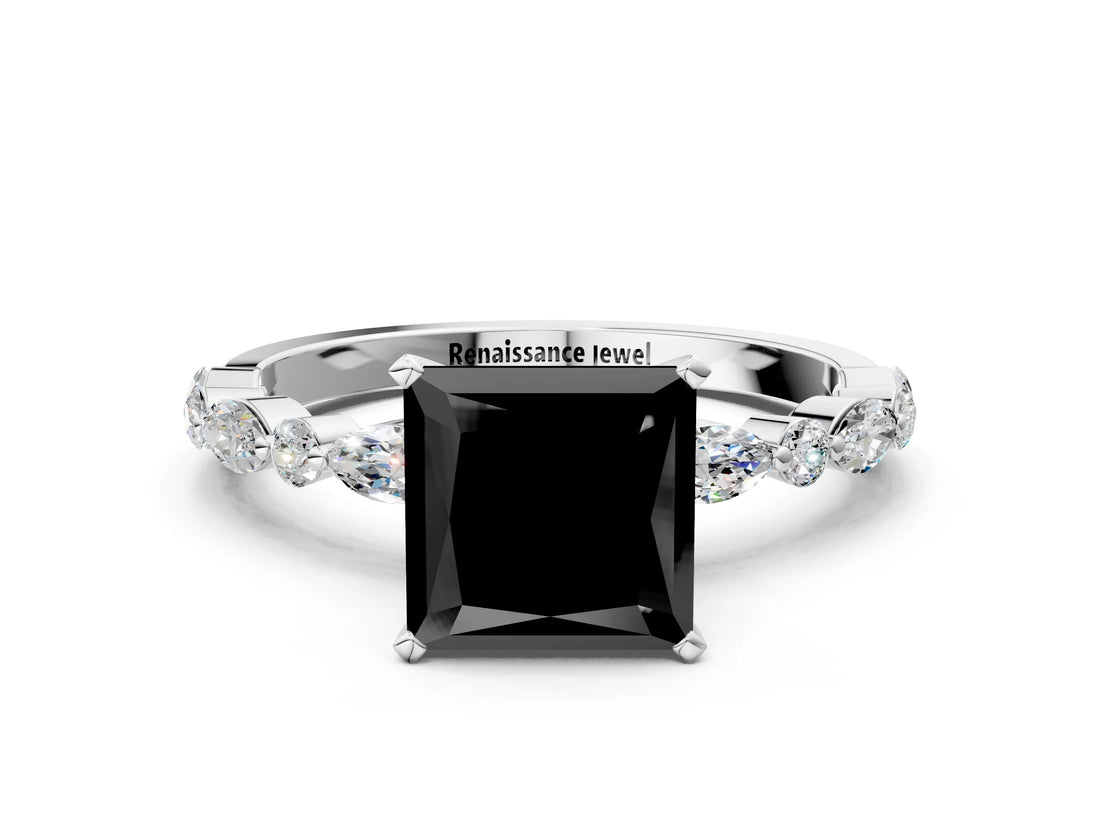 White gold Fancy Black Princess Cut Diamond Ring with Marquise and Round  Side Stones and Four-Prong Setting_60