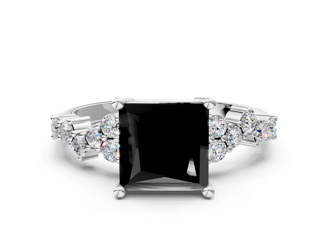 White gold Fancy Black Princess Cut Diamond Scattered Round Accent Ring with Prong Setting_12