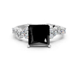 White gold Fancy Black Princess Cut Diamond Scattered Round Accent Ring with Prong Setting_12