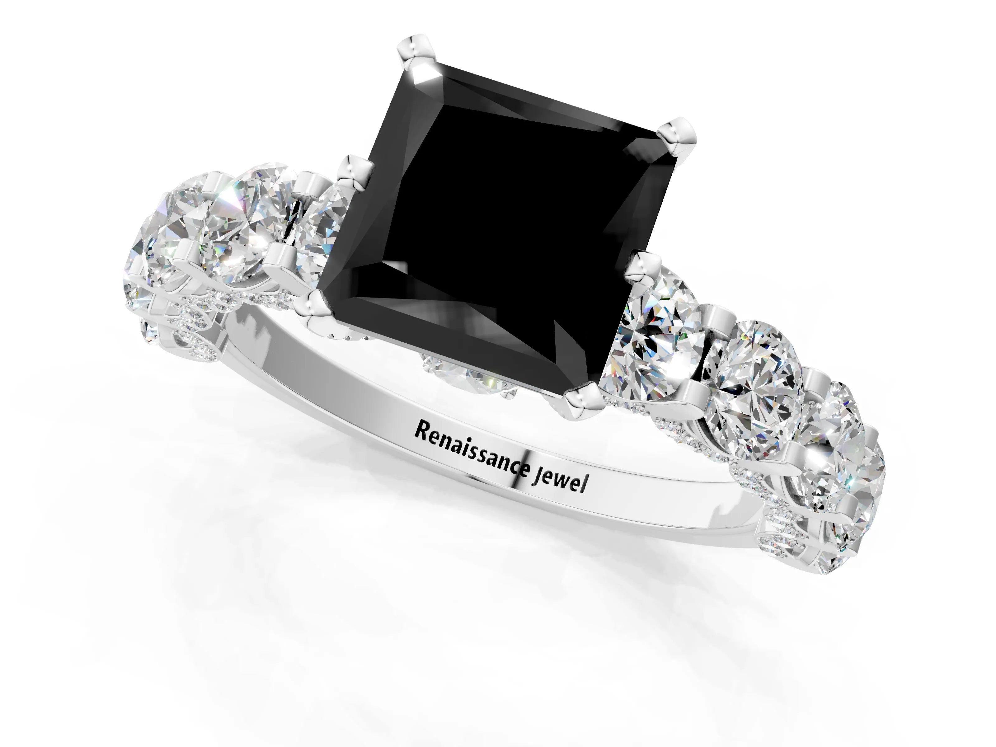 White gold Fancy Black Princess Cut Diamond Side Stone Engagement Ring with Four-Prong Setting_25