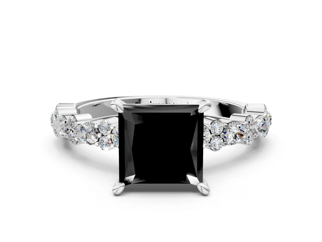 White gold Fancy Black Princess Cut Diamond Side Stone Solitaire Ring with Round  and Four-Prong Setting_12