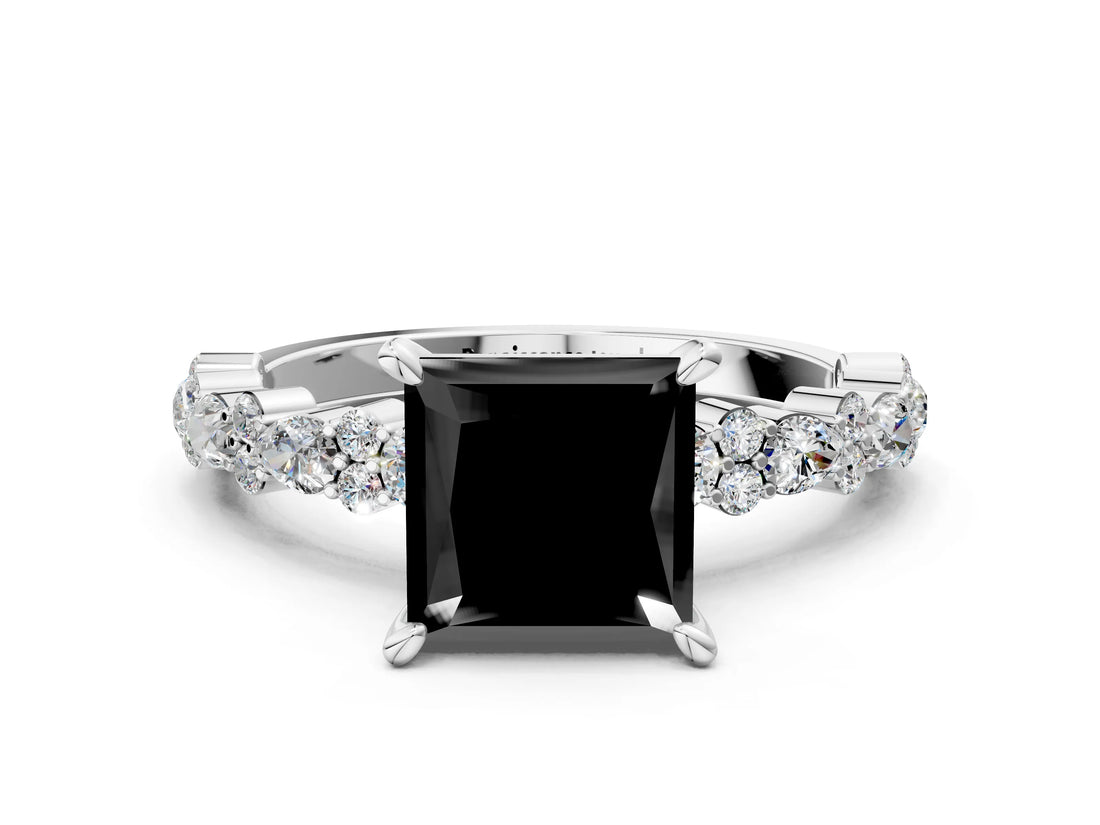 White gold Fancy Black Princess Cut Diamond Side Stone Solitaire Ring with Round  and Four-Prong Setting_48