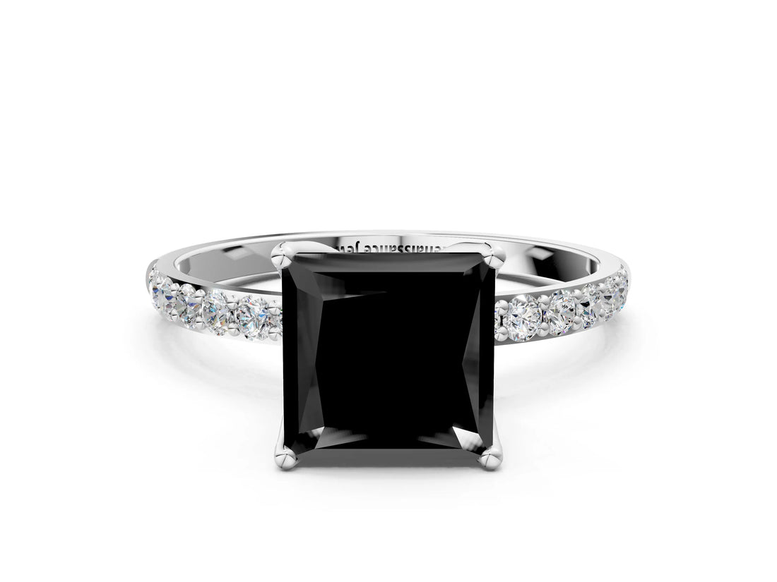 White gold Fancy Black Princess Cut Diamond Solitaire Engagement Ring with Pavé Band and Prong Setting