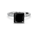 White gold Fancy Black Princess Cut Diamond Solitaire Engagement Ring with Pavé Band and Prong Setting