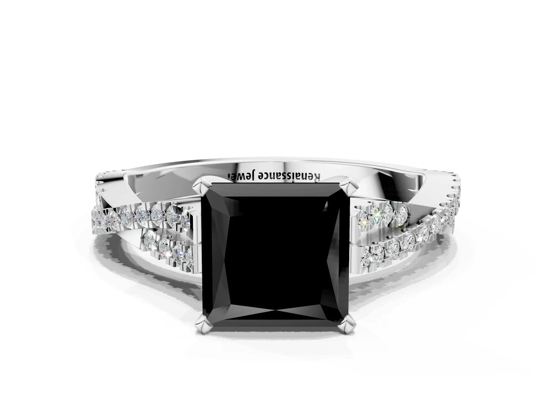 White gold Fancy Black Princess Cut Diamond Solitaire Engagement Ring with Twisted Pavé Band and Four-Prong Setting_60