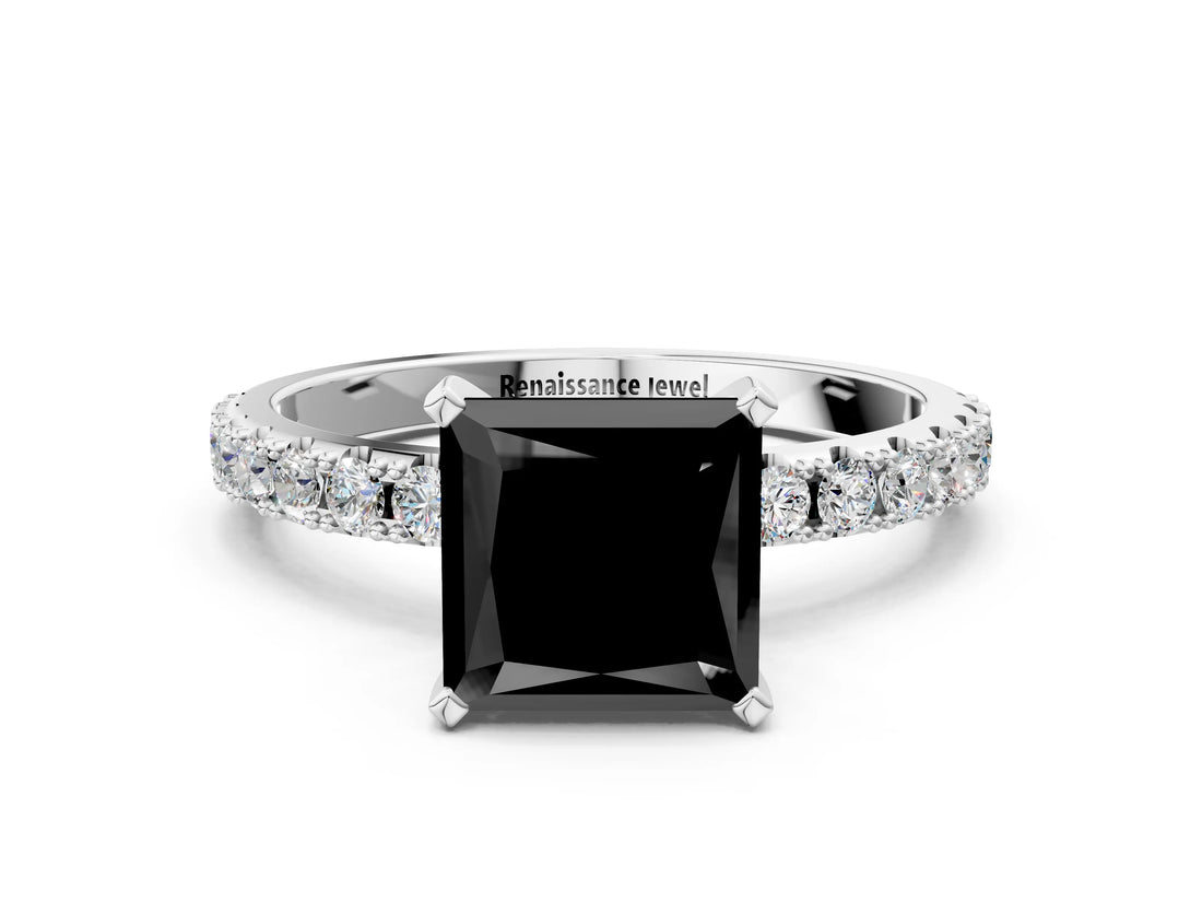 White gold Fancy Black Princess Cut Diamond Solitaire Pavé Band with Four-Prong Setting